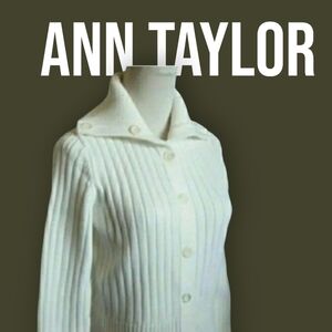 ANN TAYLOR CARDIGAN CHUNKY KNIT RIBBED WHITE MEDIUM WOMENS MEDIUM